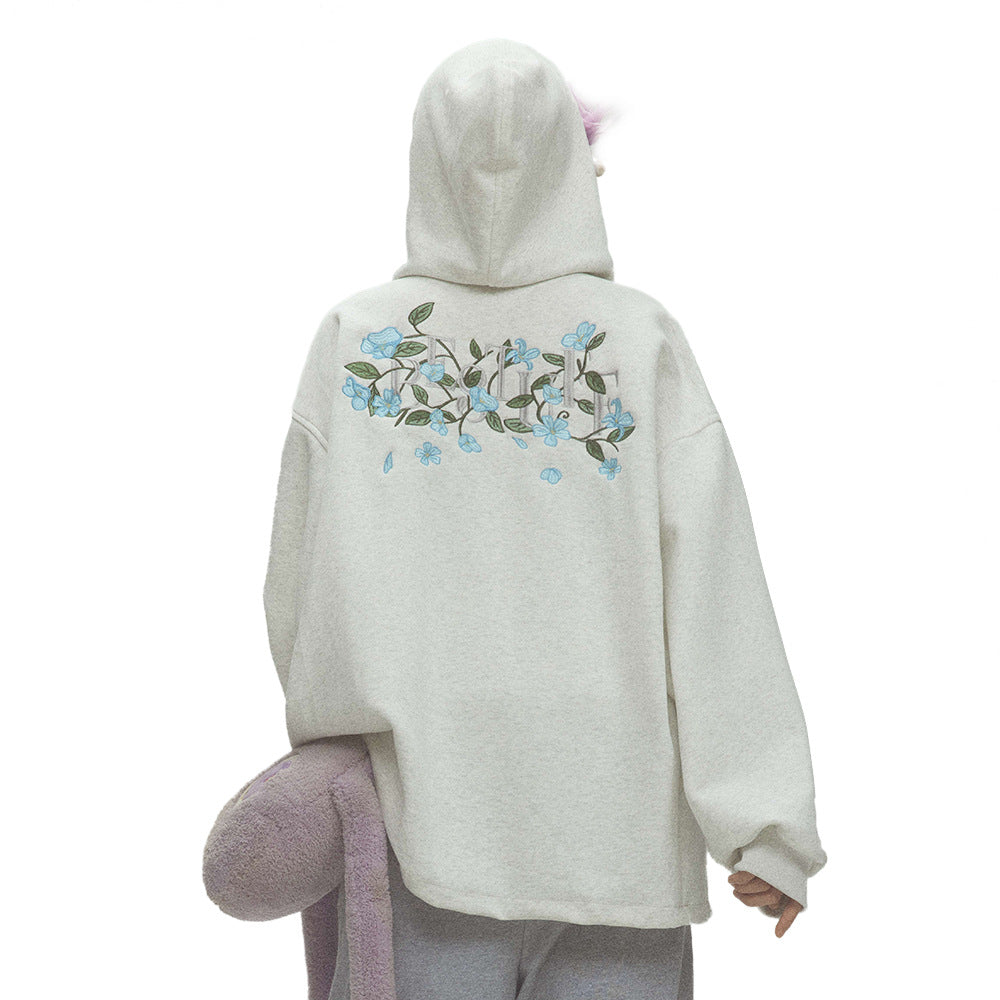 Small Floral Vine Embroidery Hooded Loose Coat