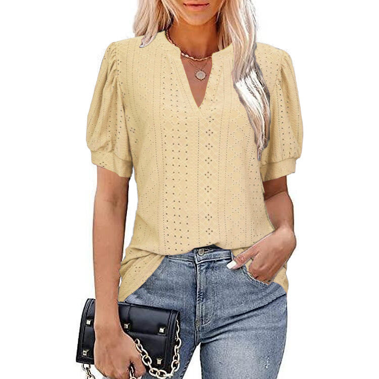 Casual V-neck Solid Color Hollow Puff Sleeve Loose T-shirt