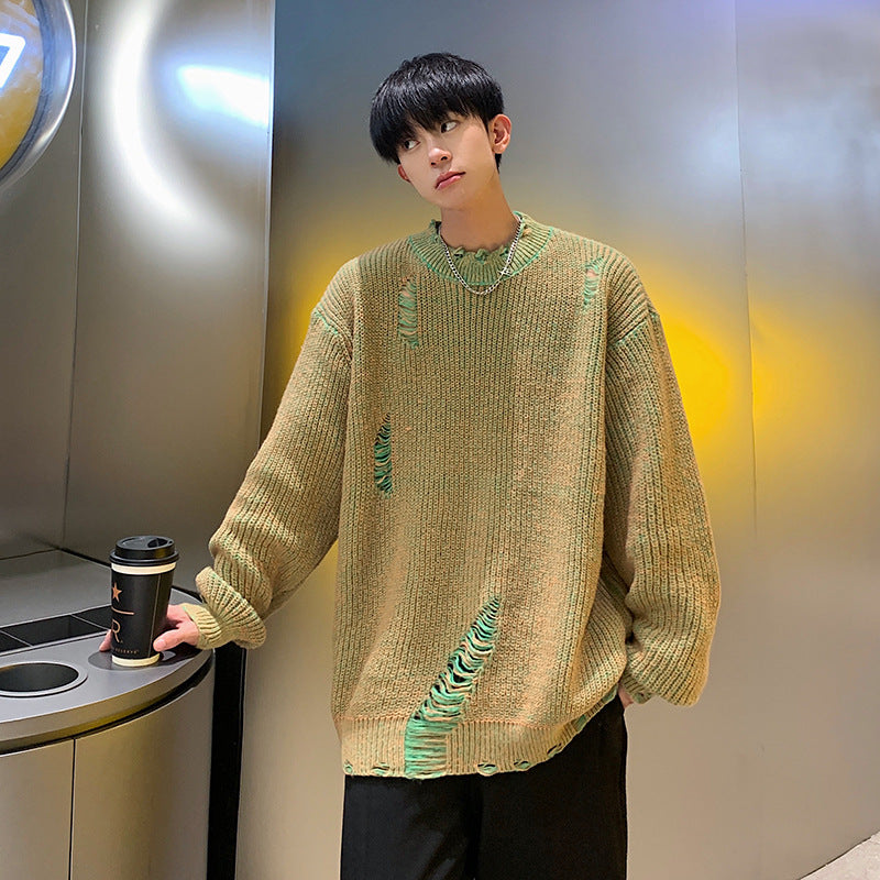 Ripped Round Neck Sweater Men Loose Street