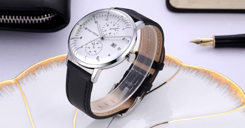 Men's Business Watch   Japanese Movement   Calendar Luminous Waterproof  Fake Two Eyes 0052G