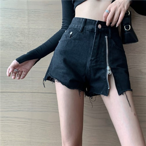 wide-leg Loose Side Zipper Denim Shorts
