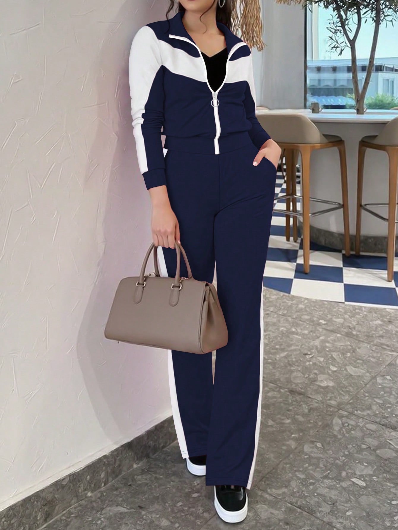 Fashionable And Comfortable Color-block Sporty Zip-up Jacket And Casual Pants Two-piece Set