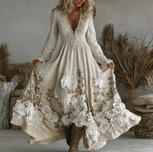 Retro Bohemian Rose Embroidered Linen Loose-Fit Long Dress