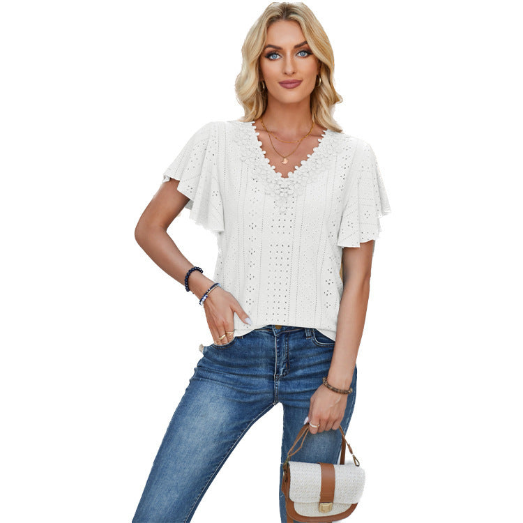 Women's Spring And Summer Lace Ruffle Sleeve Solid Color Loose Short Sleeve