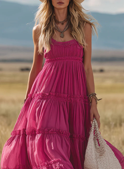 Western Retro Rose Red Chiffon Ruffled Sleeveless Maxi Dress