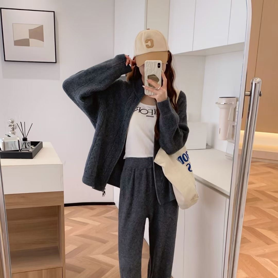 Double Zipper Sweater Set Women's Sweater Cardigan Coat Wide Leg Pants
