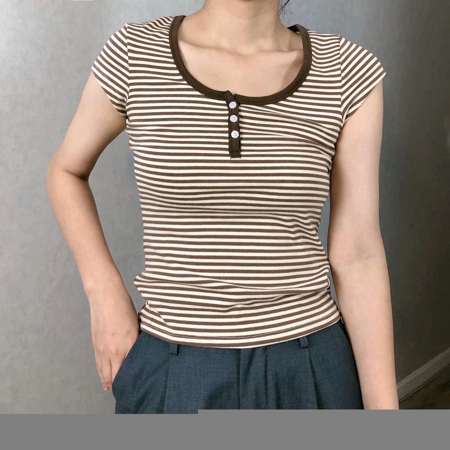 All-match Brown Striped Three-button Slim-fit Short-sleeved T-shirt