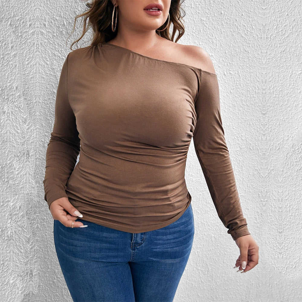 Dame Slim-fit Sexet Off-shoulder Strikket Top med Skrå Krave og Lange Ærmer