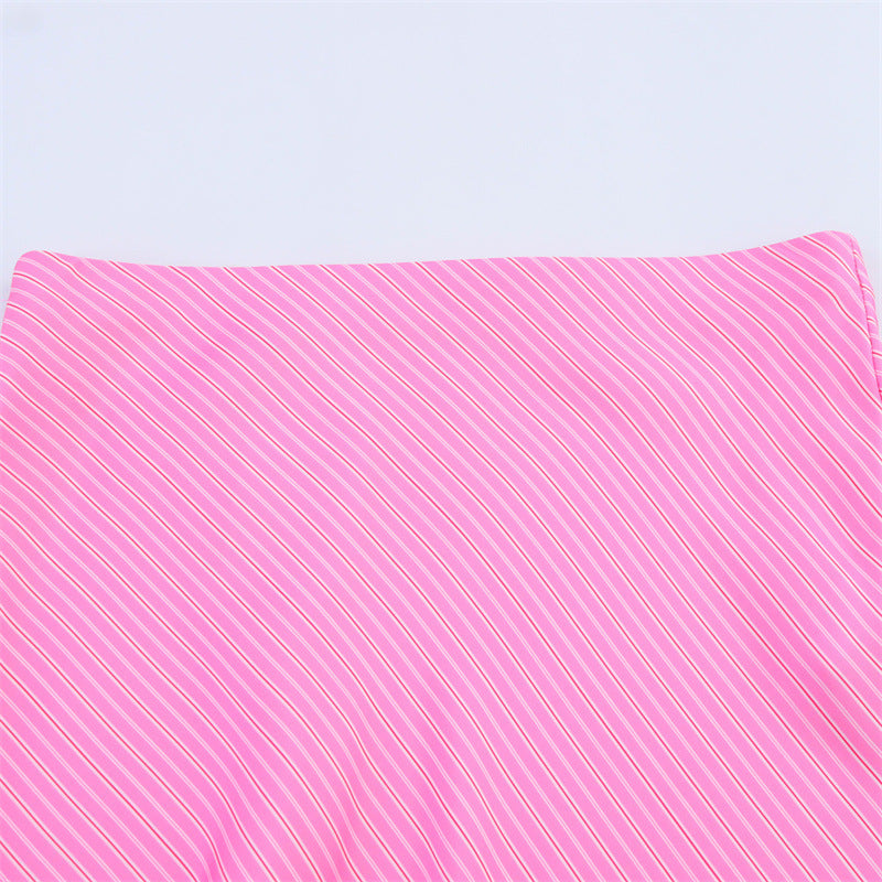 European And American Style Slim Stripe Silk Satin Texture Midi Dress