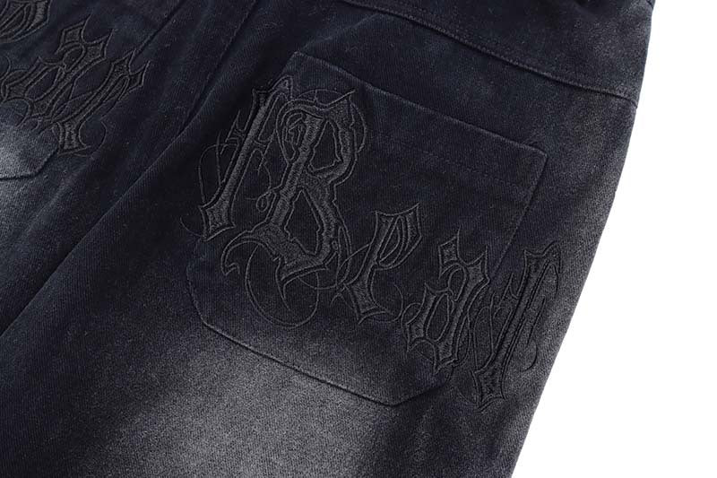 High Street Gradient Frayed White Letter Embroidered Jeans Men's Style
