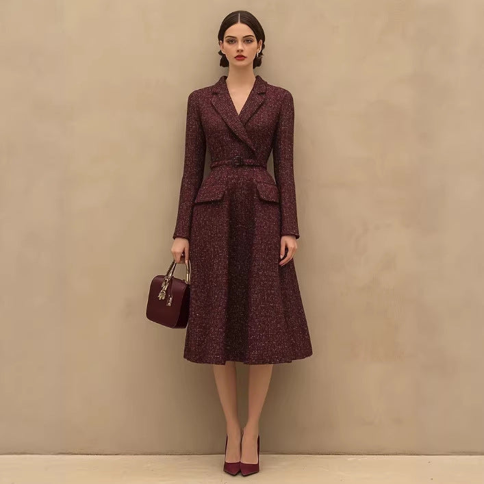 Retro Elegant Red Tweed Skirt With A Lapel Neckline