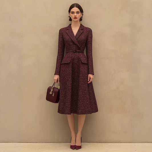 Retro Elegant Red Tweed Skirt With A Lapel Neckline