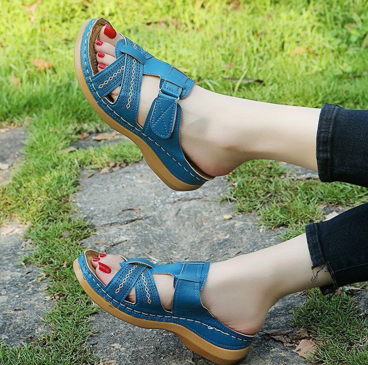 Women's Hollow Peep Toe Wedge Velcro Sandals