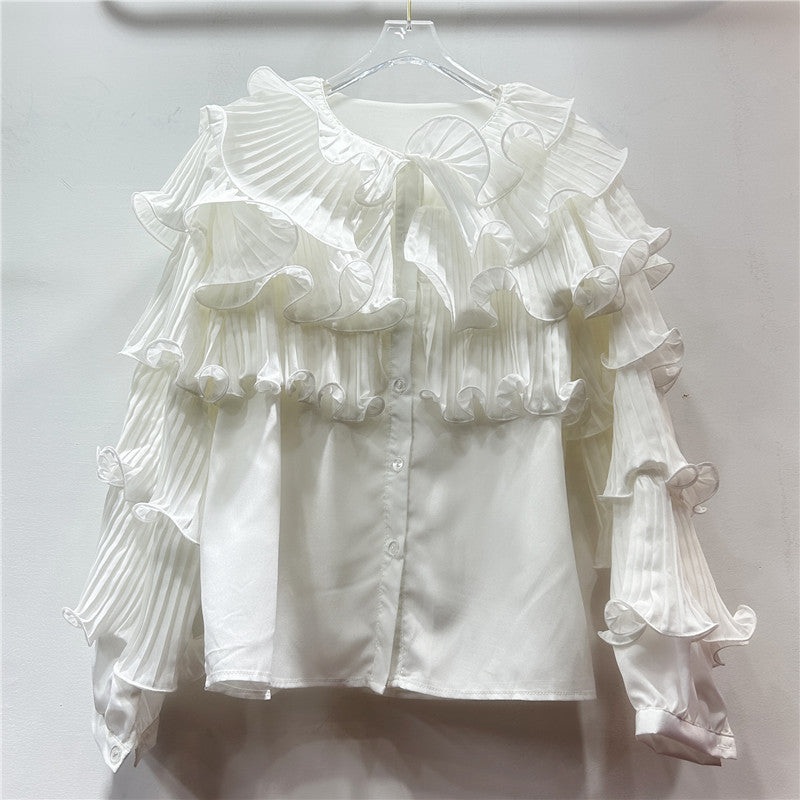 Korean Style Light Luxury Socialite Bubble Sleeve Ruffled Loose Chic Design Adult Lady Like Woman Temperament Top