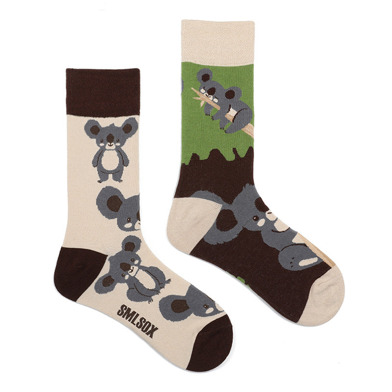 Asymmetrical Color Retro Personality Male And Female Couple Mid-length Cotton Socks