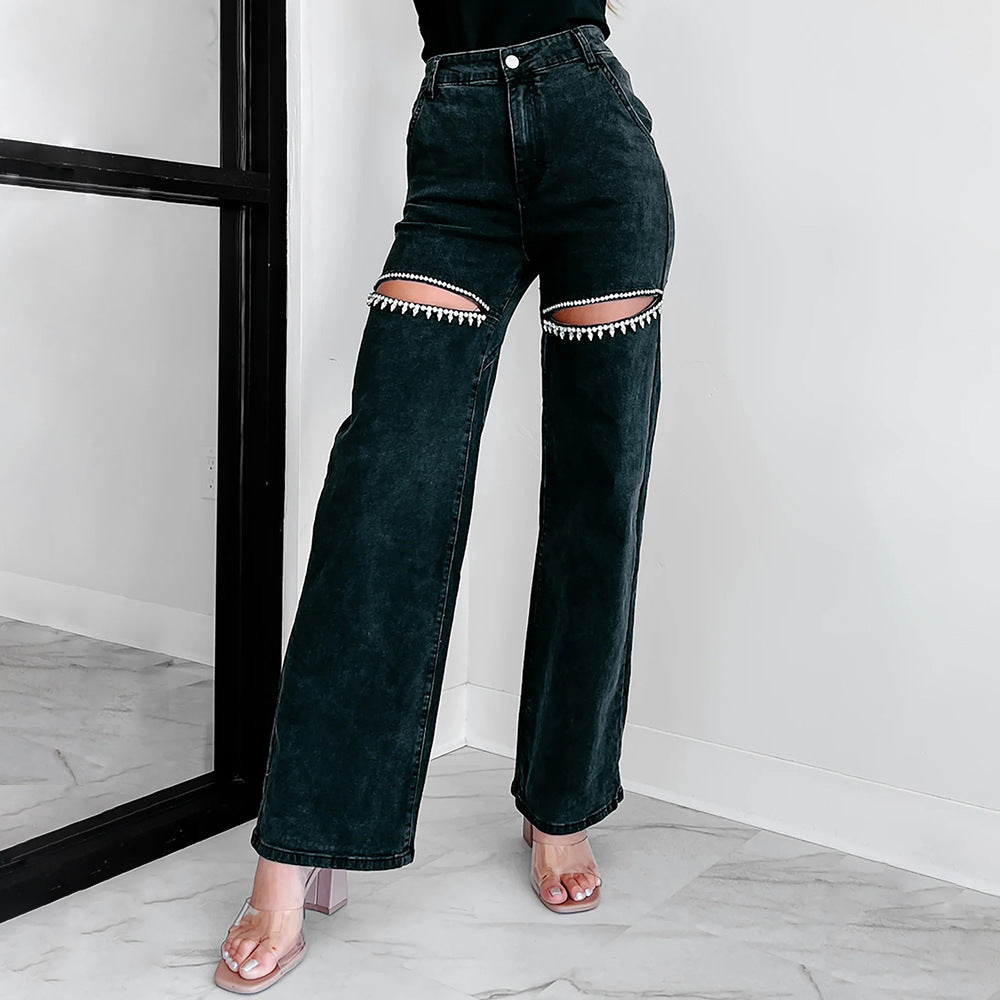 Jeans Women's Washed Chain Ripped Straight Pants
