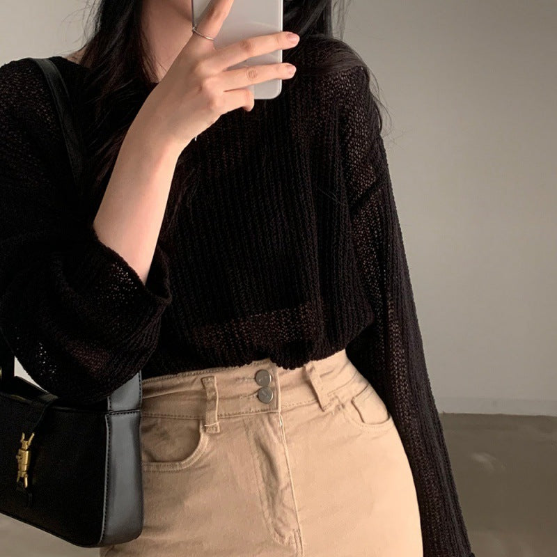 Knitted Sun Protection Shirt Loose Short Loose Pullover Blouse
