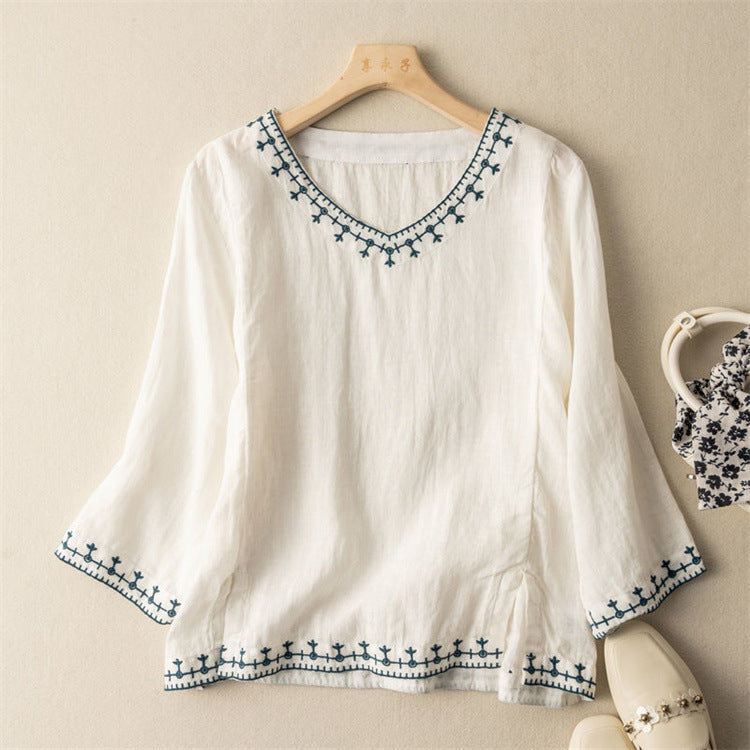Seven-part Sleeve Embroidered Cotton Linen Top