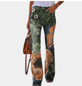 European And American Plus Size Women's Casual Pants Floral Thin Trousers