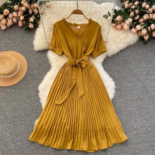 Fashionable Waist-cinching Tie-front Slimming Solid-color Minimalist Dress