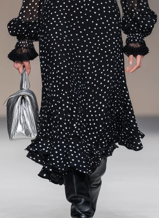 Retro Vacation Polka Dot Black Chiffon Long sleeved Shirt And Skirt Set