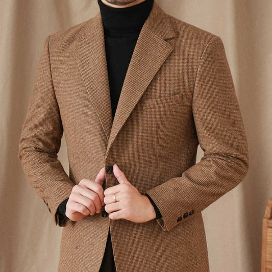 Uld Houndstooth Vintage Frakke Til Mænd Med Slim Pasform