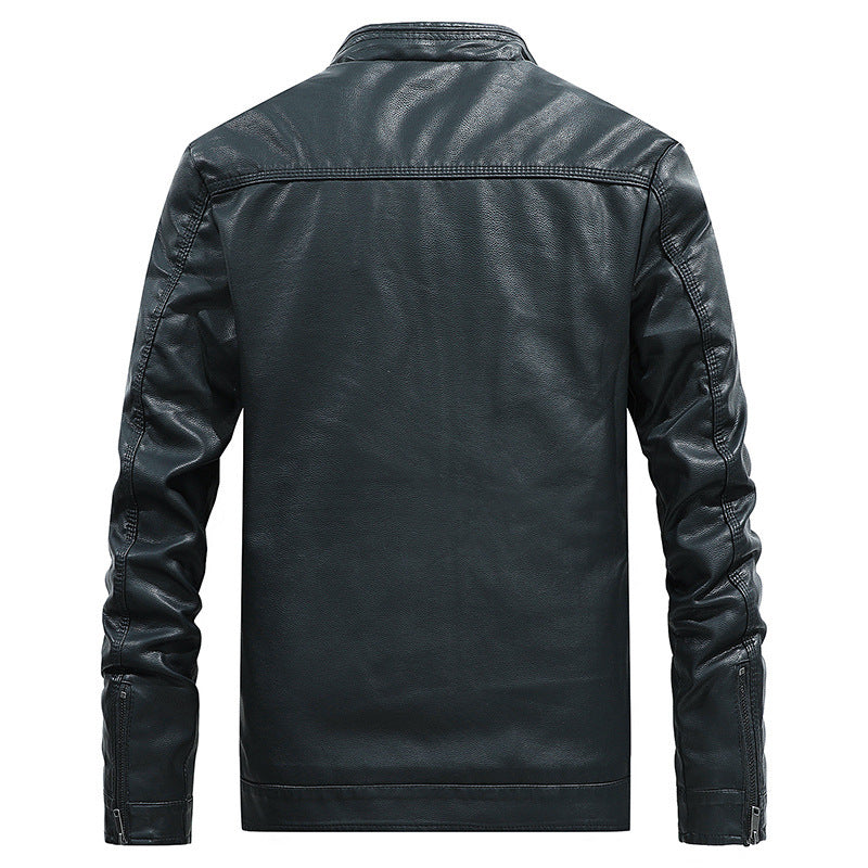 Stand-up collar solid color large size leather men's jacket
