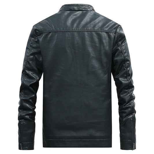 Stand-up collar solid color large size leather men's jacket