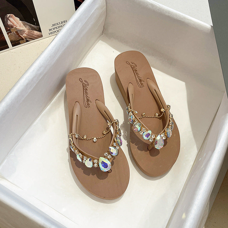 Women's Fashion Casual Rhinestone Chain Thick Bottom Flip-flops