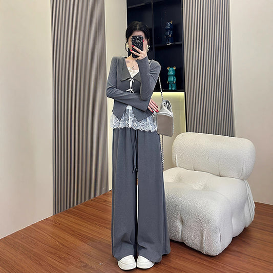 Temperament Lace Cardigan Top Slimming Wide-leg Pants Two-piece Set
