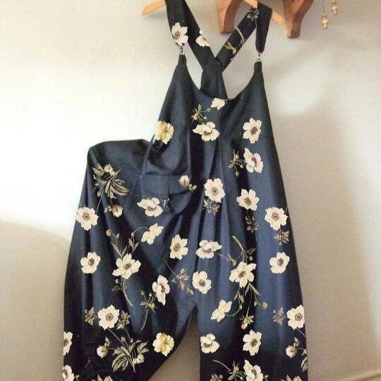 Womens Floral-Print Loose Casual Suspender Jumpsuit With Buckles