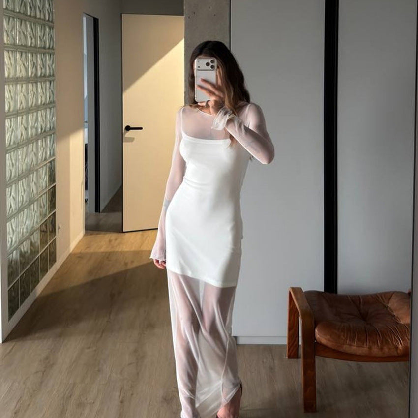 Elegant Womens Long-sleeve Mesh Dress With A Double-layer Design