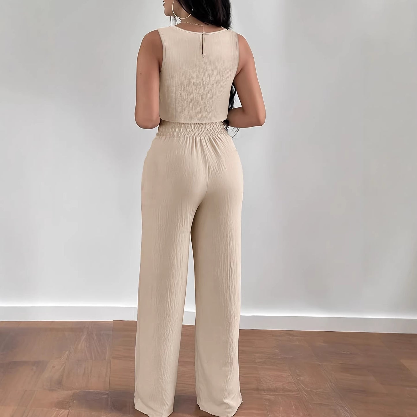 Solid-color Hollow-out Vest And High-waist Straight-leg Pants Set