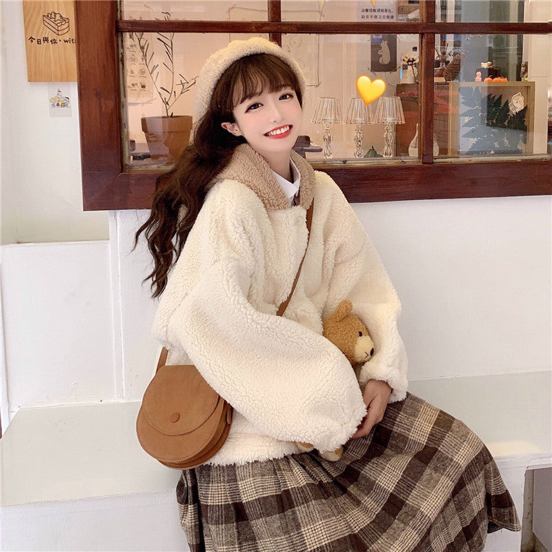 Cute Bear Ear Coat For Women Lamb Wool Winter Cardigan Top