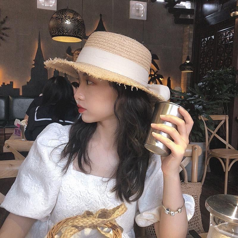 Women's Seaside Elegant Japanese Bow Flat Raffia Hat
