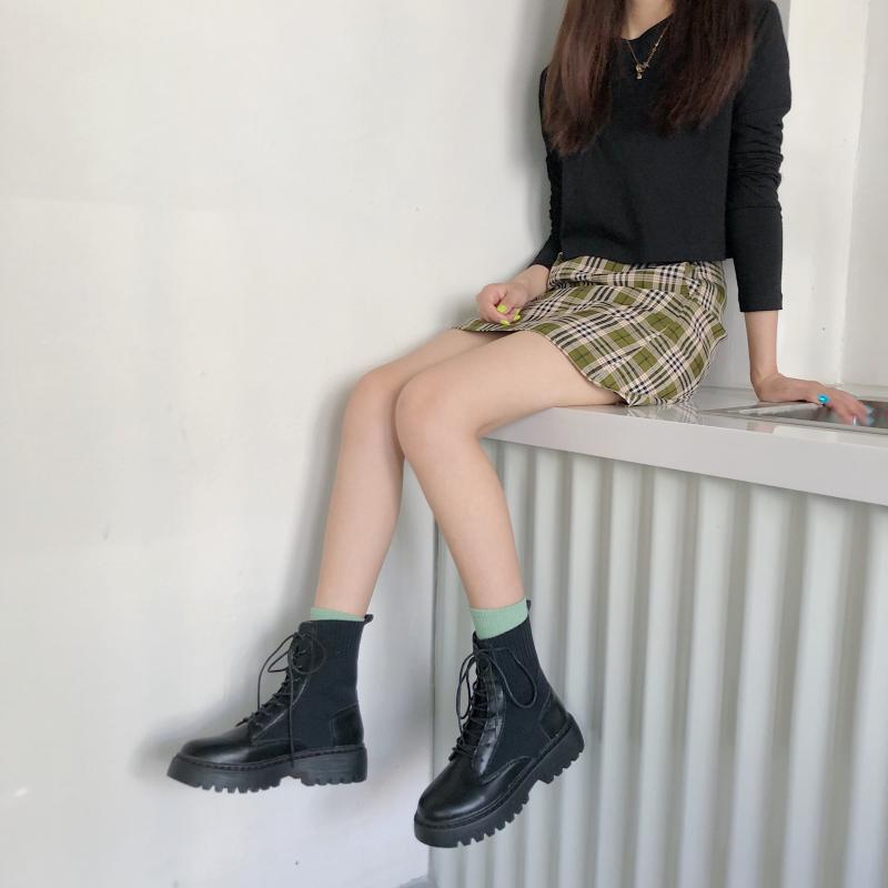 All-match Lace-up Platform Stitching Short Boots