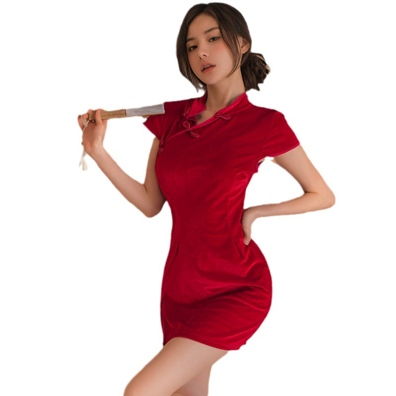 Velvet-Panel Vintage Qipao Uniform Set