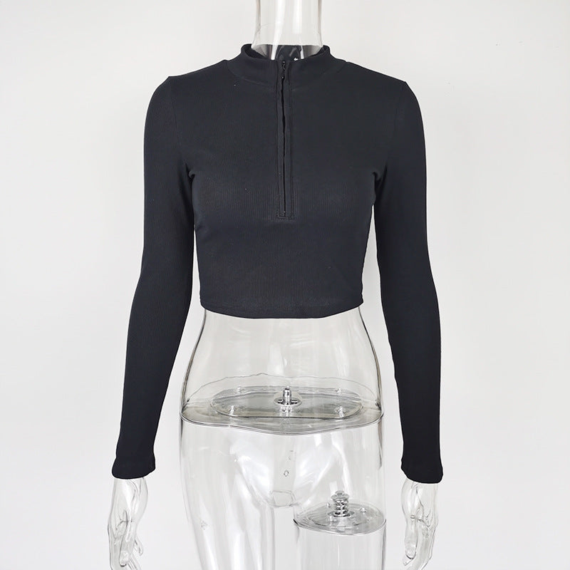 Women's Casual Solid Color Zipper Crop Slim Fit Top