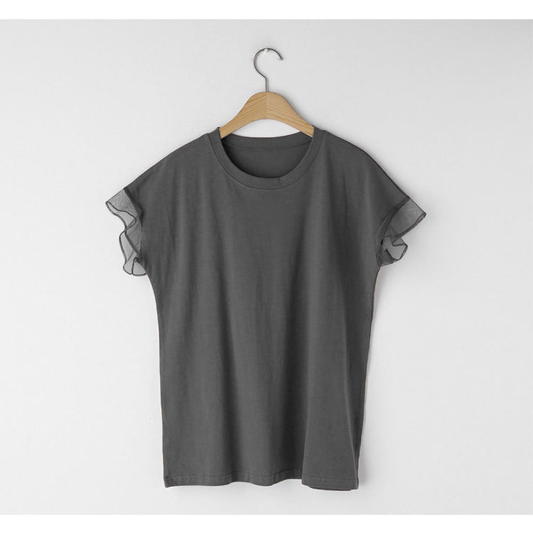 T-shirt til kvinder med rund hals, mesh-flæseærmer og ensfarvet design