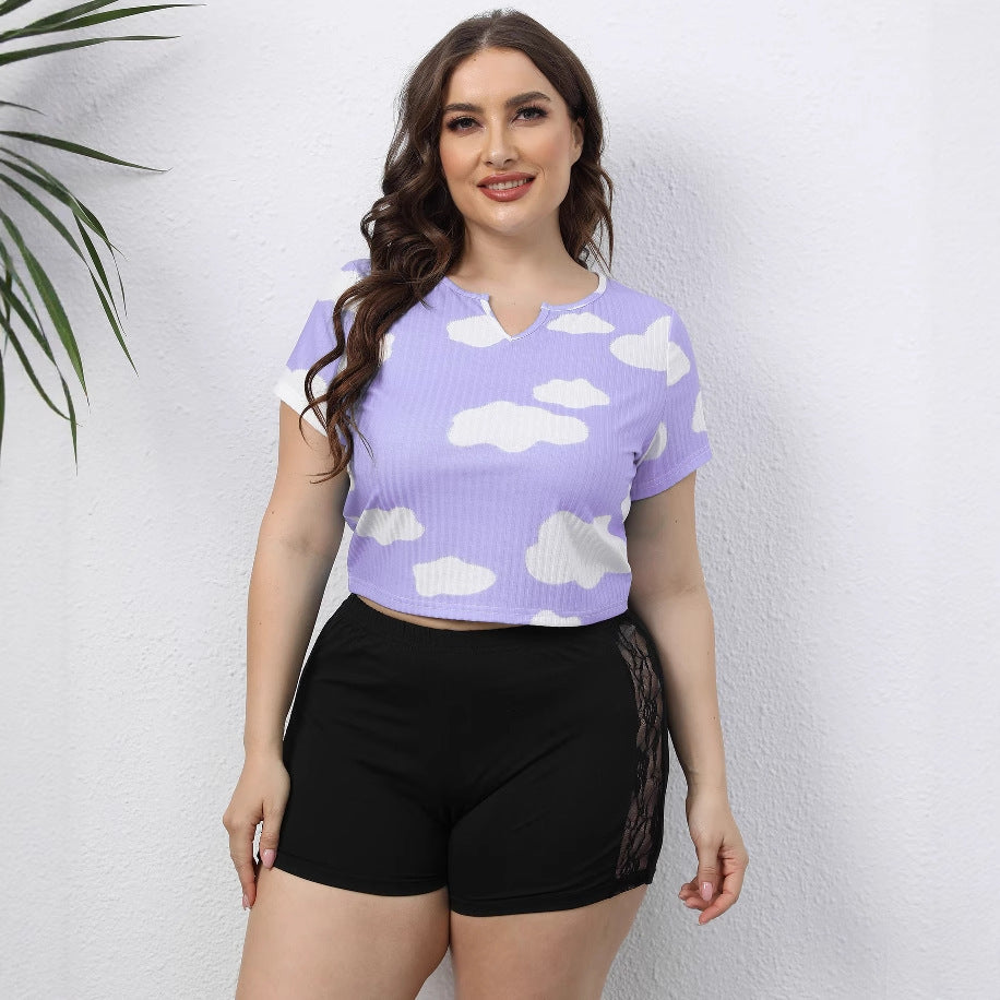 Plus-size Women's White Cloud Print Short Ribbed Top Casual Short Sleeve Crop T-shirt