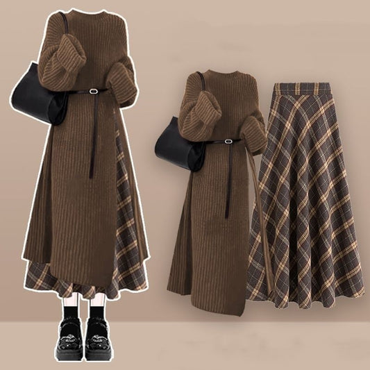 Fashion Knit Sweater Dress Shows Skirt Two-piece Set