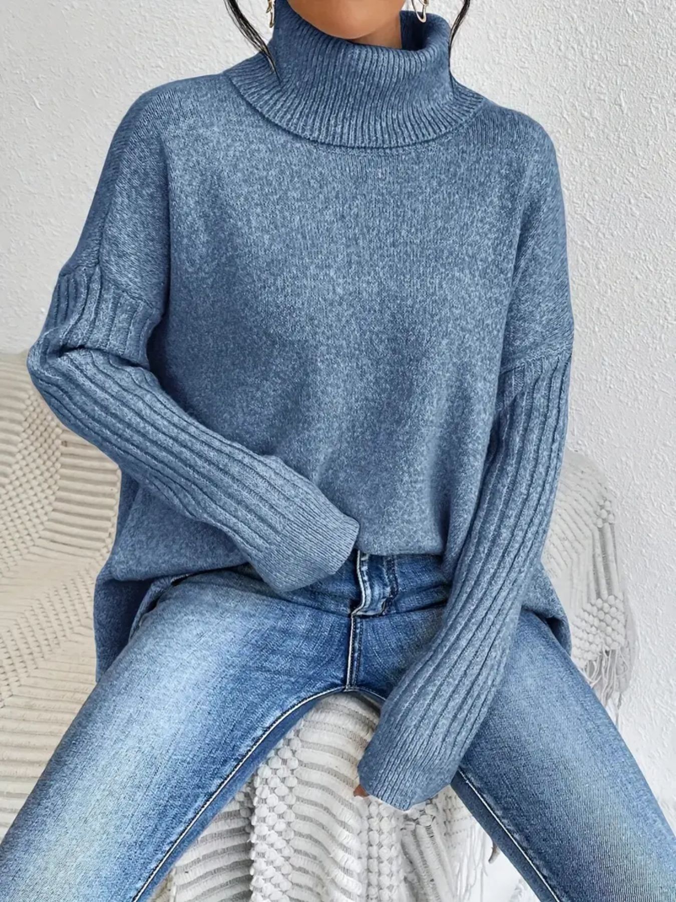 Uregelmæssig rullekrave-sweater Vinter løs langærmet striktoppe Fritids varm pullover-sweater Dametøj