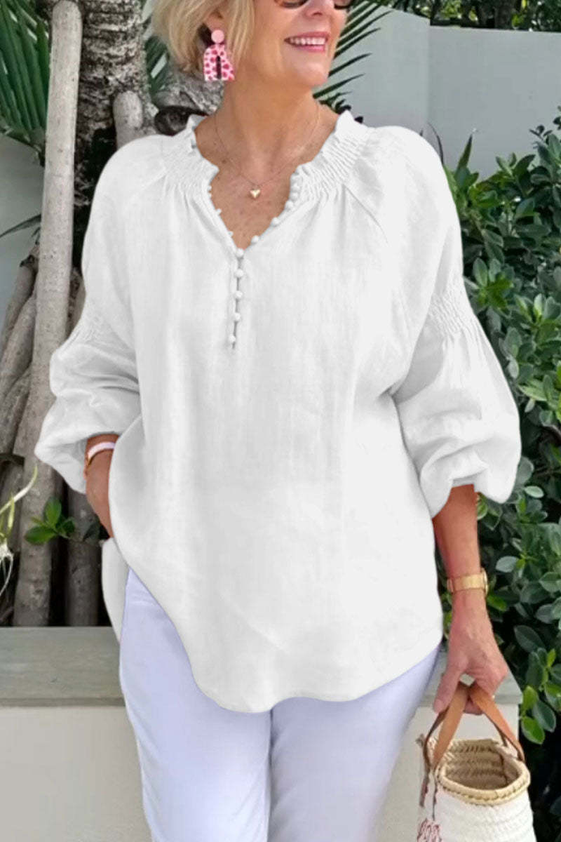 Womens Casual V-Neck Solid Color Cotton-Linen Long-Sleeve Top