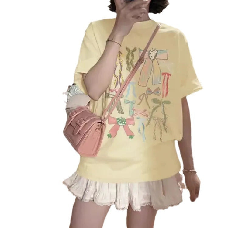 Cotton Short-sleeved T-shirt Idle Style Bow Print