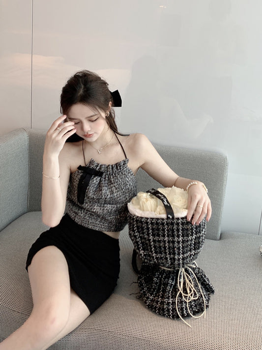 Sleeveless Slim Fit Summer Plaid Halter Bow Sling