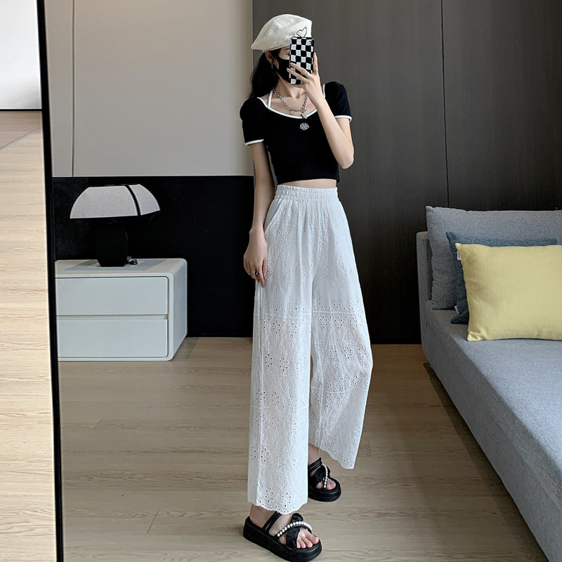 Wide-leg Women's Loose White Embroidered Hollow Casual Pants