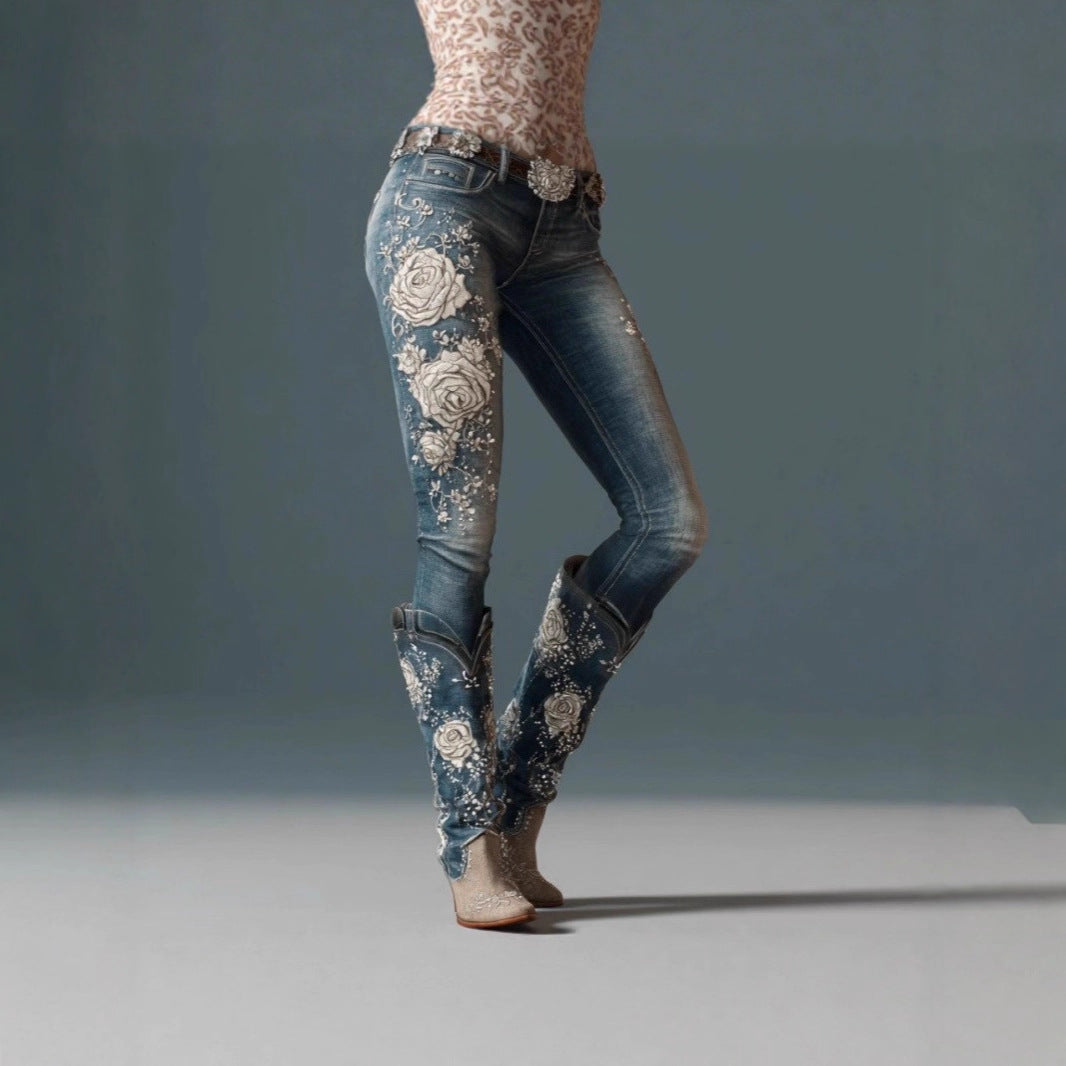 Womens Colorful Floral Faux Denim Pants