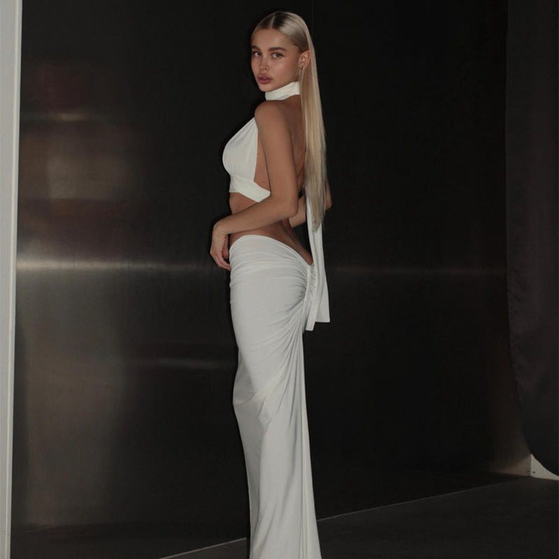 Sexy Halter V-Neck Crop Top And Low-Waist Skirt Two-Piece Set