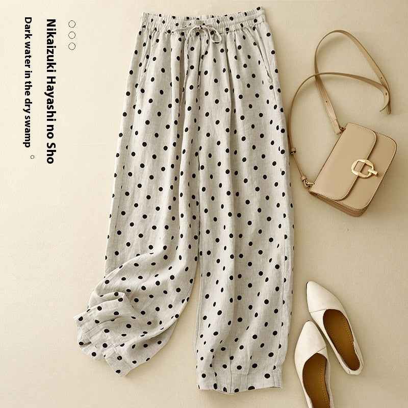Cotton Hemp Polka Dots Tied Elastic Waist Harem Pants For Women