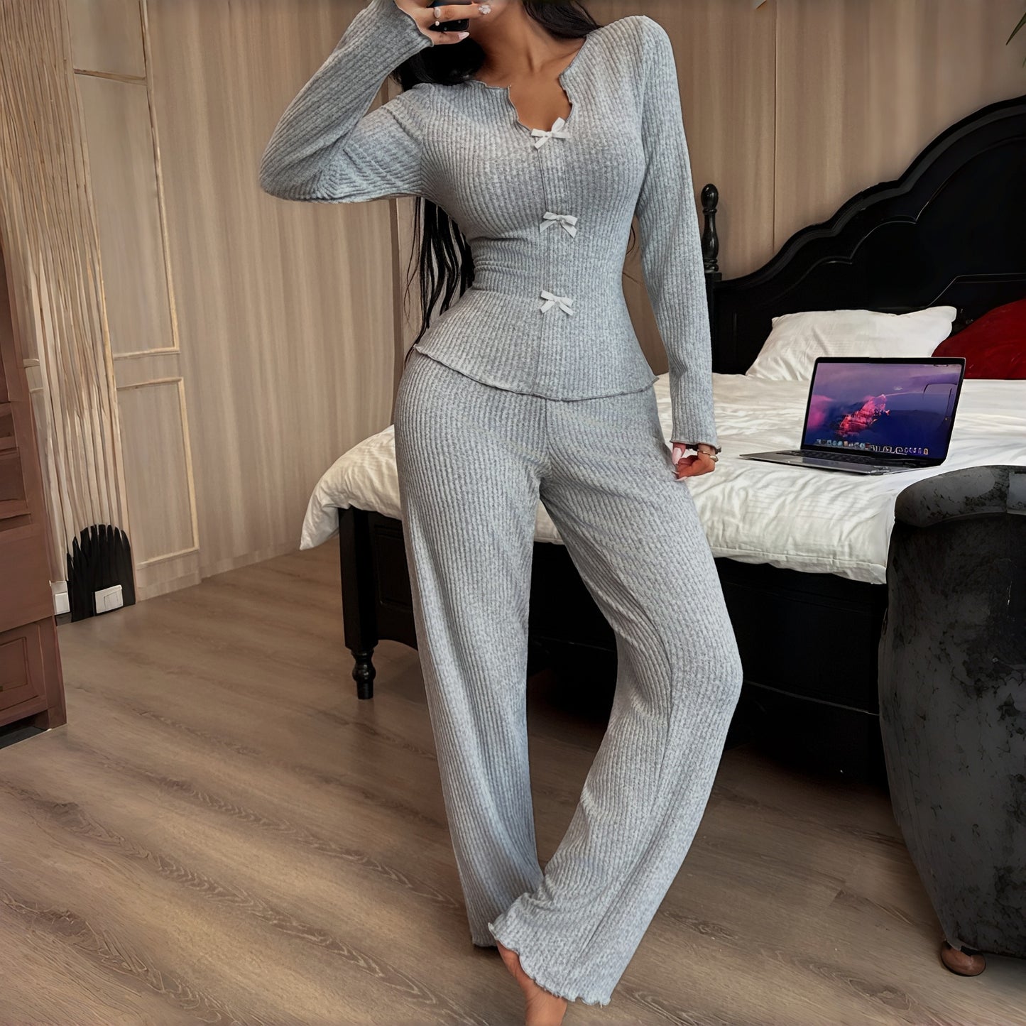 Women's V-neck Bow Long Sleeve Pantsuit